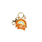 Gold key charm with groovy orange, yellow, and blue rainbow with "Don't Be A Dick" written in orange letters. 