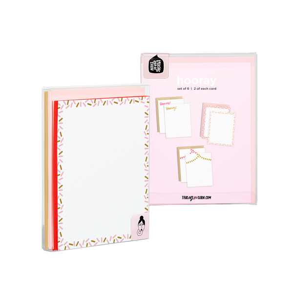 Hooray Stationery Set comes packaged in a clear box with illustrated backer card.