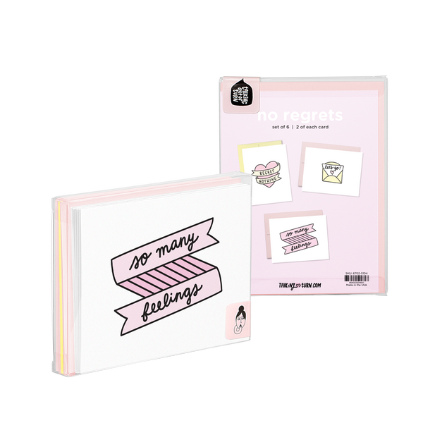 No Regrets Stationery Set comes packaged in a clear box with an illustrated backer card.