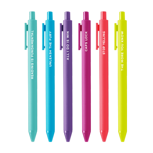 6 colorful jotter pens with different sayings