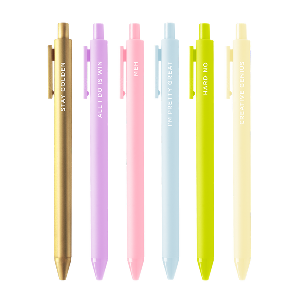 6 colorful jotter pens with different sayings