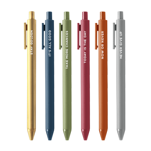 6 colorful jotter pens with different sayings