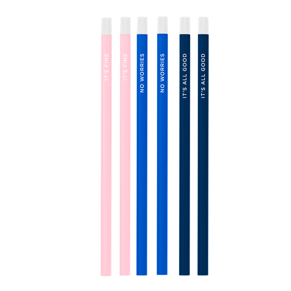 Six pack of colorful pencils in blush pink, bright blue, and navy blue with funny words.