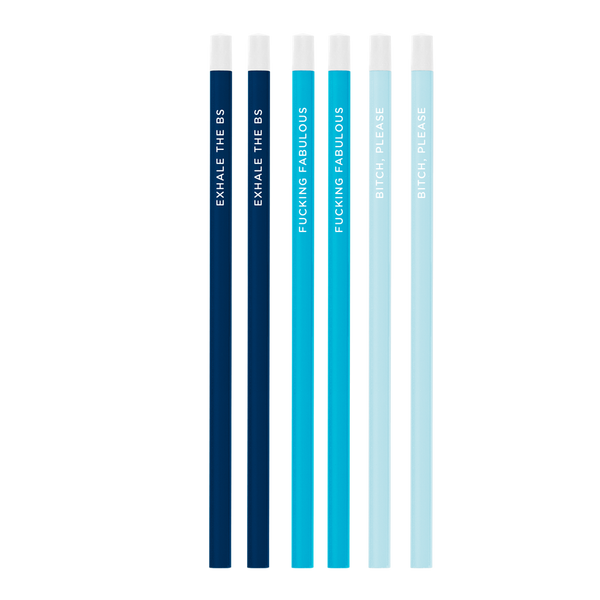 Six pack of bright pencils including navy blue, bright blue, and powder blue all printed with different sayings.