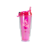 Hot Pink clear plastic tumbler with matching straw and 'oh la la' printed in pink.