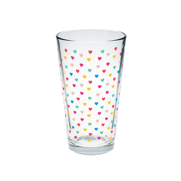 Glass pint glass with rainbow tiny hearts print.