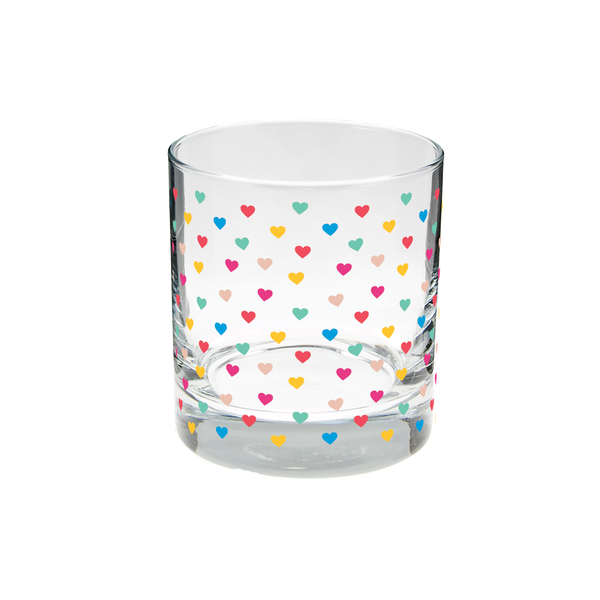 Clear rocks glass with rainbow tiny hearts pattern.