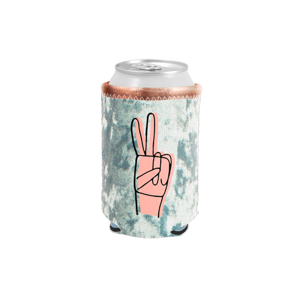 Peace Velvet Can Cooler is a blue velvet with a pink hand making the peace sign.