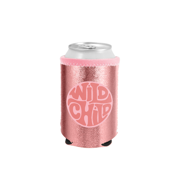 Wild Child Metallic Rose Gold Can Cooler in a pink metallic with bold Wild Child emblem. 