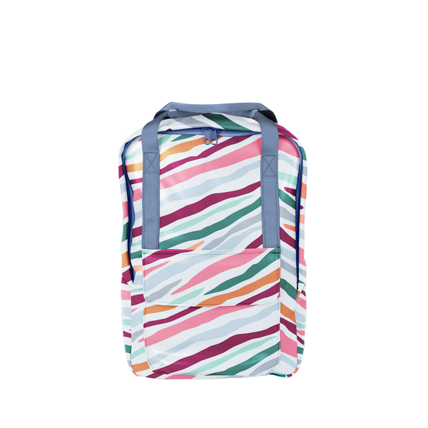 Colorful striped print with blue webbing. 