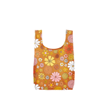 A burnt orange tote with yellow, pink, white and orange flowers.