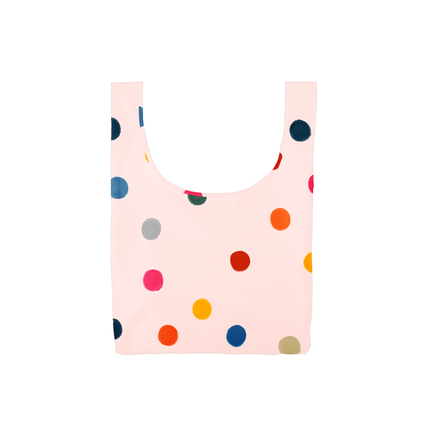 Twist and Shout Ball Pit is a medium, cute reusable tote bag in pink with rainbow polka dot pattern.