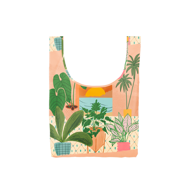 A costal scene out a window with potted plants surrounding the window on a medium reusable tote. 