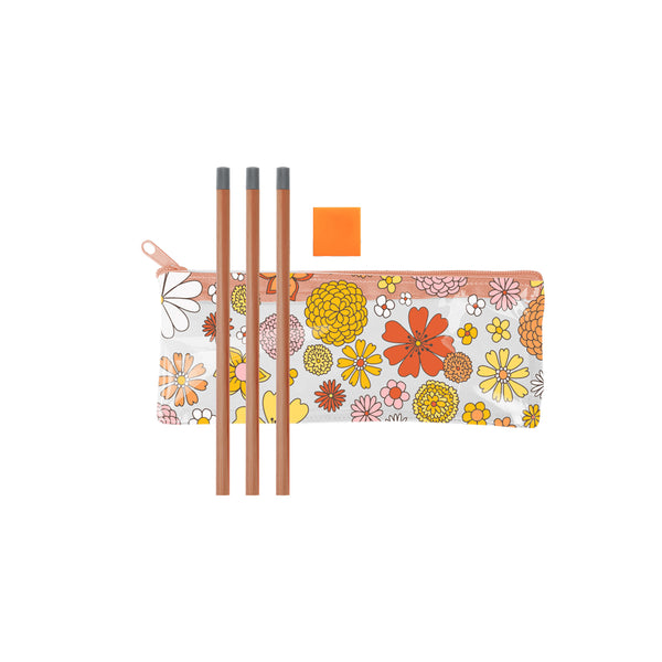 Cute retro groovy floral print pencil kit with a clear vinyl pouch, three pencils, and a square eraser.