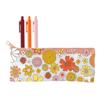 Flower Power clear vinyl pixie pouch with three jotter pens inside, Sangrai, Orange and Blush.