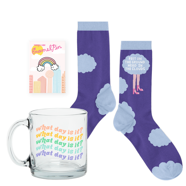 Nice Mug Kit with glass coffee mug, cute socks, and an enamel pin