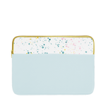 Powder blue laptop sleeve with white paint splatter trim, a gold zipper, and 13 inch size.