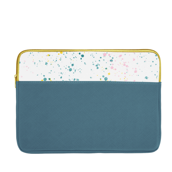 Spruce green laptop sleeve with white paint splatter trim, a gold zipper, and 15 inch size.