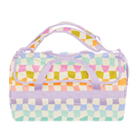 Rainbow checkered Travler Duffle bag with blues, purple, orange, green, and pink colors.