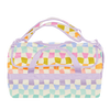 Rainbow checkered Travler Duffle bag with blues, purple, orange, green, and pink colors.