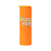 An orange tumbler with 