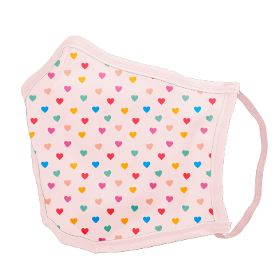 A pink facemask with rainbow themes tiny hearts. 