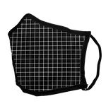 A black and white grid facemask on a blank background