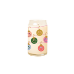 Can glass candle with design of multi-color smiley faced ornaments hanging from garland wrapped around glass.