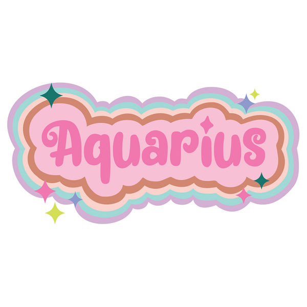 Multicolored Aquarius sticker with simple stars printed around the zodiac name.