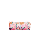 A multicolored, jewel toned floral collage pouch with a light pink zipper.