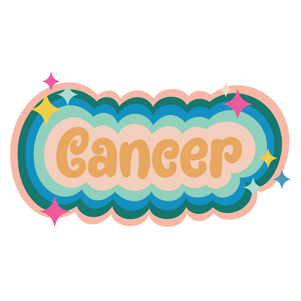 Multicolored Cancer sticker with simple stars printed around the zodiac name.