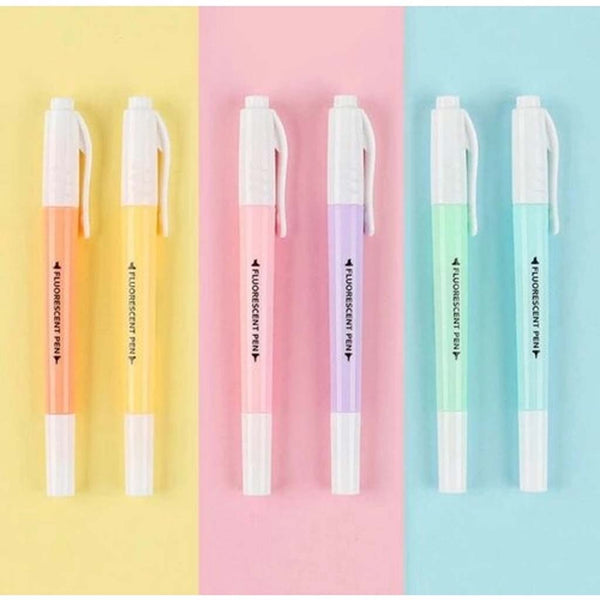 A pack of pastel highlighters with white caps. Colors are orange, pastel yellow, pastel pink, lavender, mint, and pastel blue.