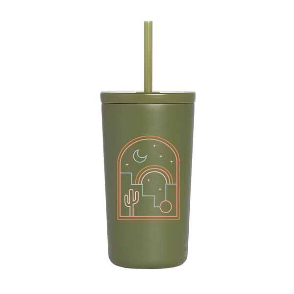 A 16 oz olive green cold cup with straw with the "Desert Nights" illustration on front.