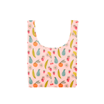 A medium pink reusable tote with multi-colored fruits. 