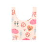 white compact tote reusable shopping bag bag with pretzels, skeleton peace sign, pumpkin hearts, fun dip, pink pumpkins, twin emoji, halloween fun.