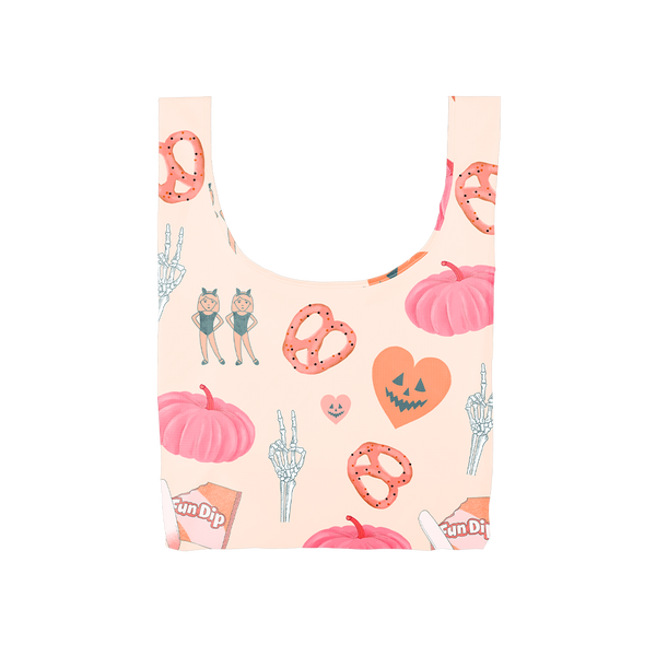 white compact tote reusable shopping bag bag with pretzels, skeleton peace sign, pumpkin hearts, fun dip, pink pumpkins, twin emoji, halloween fun.