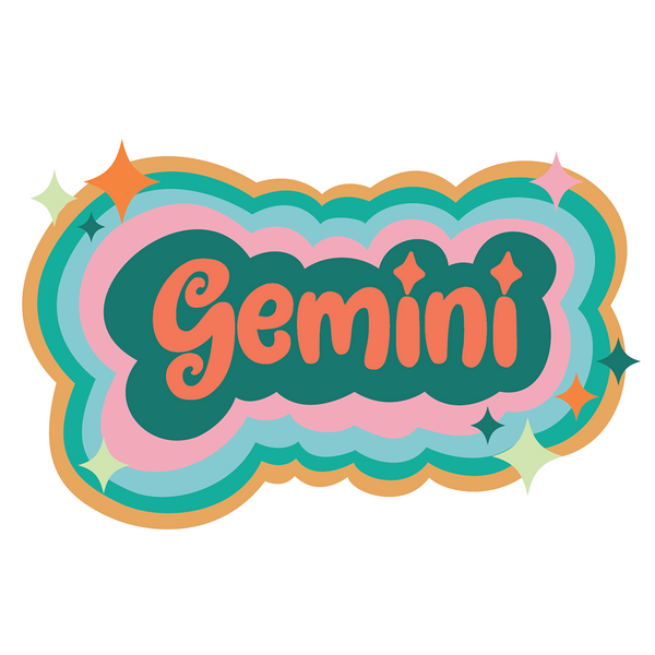 Multicolored Gemini sticker with simple stars printed around the zodiac name.