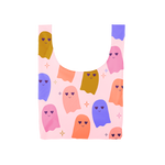 white compact reusable tote bag with multi colored ghosts with heart eyes and sparkle stars on all sides. 