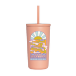 Blush pink mauve cold cup tumbler with straw and good vibrations and sun shine multicolor image on front