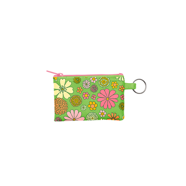 Groovy Greens Penny Key Ring is a coin purse key ring with green background with floral print on top and a pink zipper.  