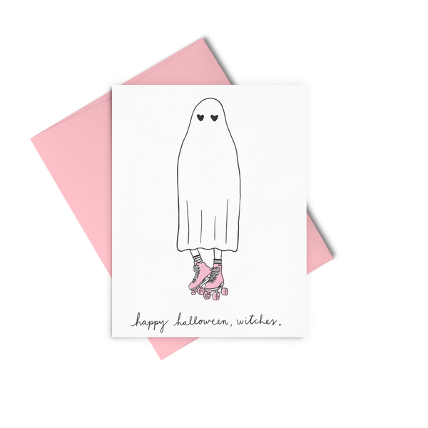 Halloween Greeting card with 3 ghosts in various designs under a disco ball saying "ghouls just want to have fun"; Greeting card with ghost in roller skates saying "happy halloween, witches"