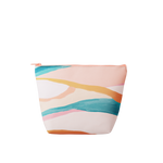 An abstract, hill-like designed pouch in pastels. Pouch is a large, puffed-trapezoid shape with a peach colored zipper.