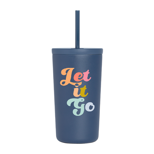 A navy blue 16 oz cold cup with a straw; "Let it go" is printed on the front in multi-color font.