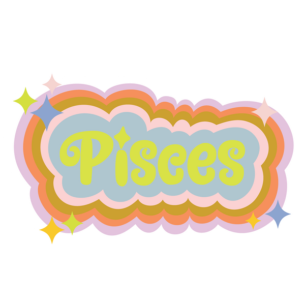 Multicolored Pisces sticker with simple stars printed around the zodiac name.