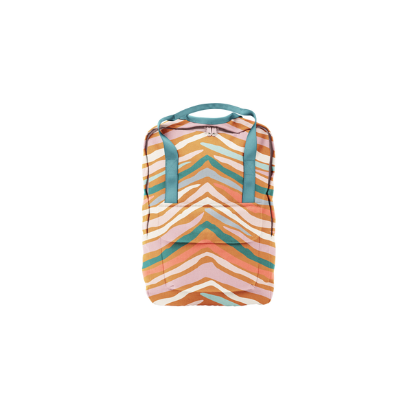 A multi-colored, animal-like printed mini backpack with a front pocket and bright blue shoulder straps.