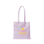 Lavender canvas tote bag says the future is bright in colorful lettering with a sunshine.