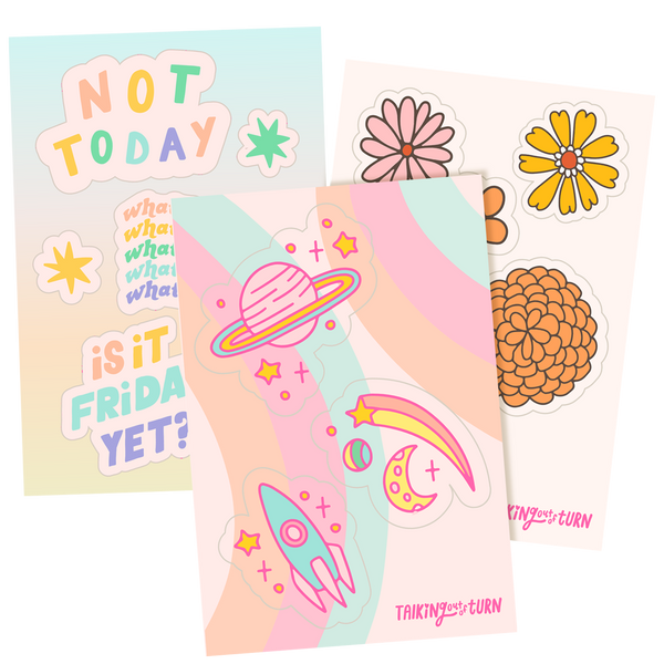 A sticker set of retro flowers, sarcastic sayings and retro space illustrations.