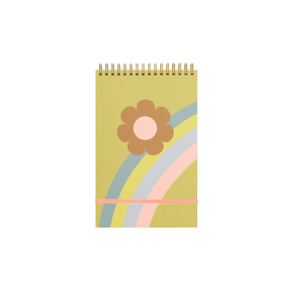 Green taskpad with pastel rainbow wave and a flower with a pink strap