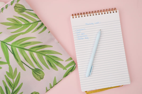 a ripstop pink ripstop pouch next to a taskpad and a powder blue jotter