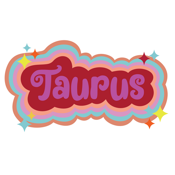 Multicolored Taurus sticker with simple stars printed around the zodiac name.